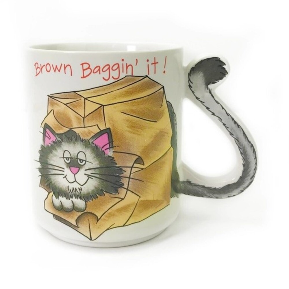 Cat Mug with Tail Handle Mount Clemens Pottery Japan Cat Lover Brown Bag Lunch